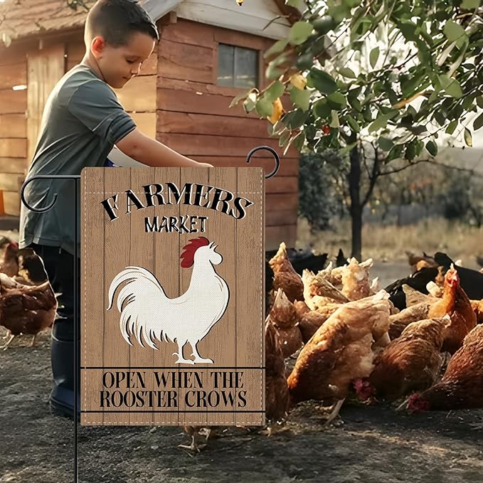 Dyrenson Farmers Market Chicken Decorative Garden Flag, Open When The Rooster Crows Farmhouse Yard Outside Home Decoration, Rustic Country Burlap Outdoor Small Decor Double Sided 12 x 18