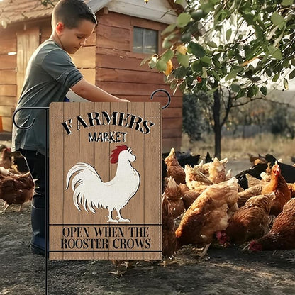 Dyrenson Farmers Market Chicken Decorative Garden Flag, Open When The Rooster Crows Farmhouse Yard Outside Home Decoration, Rustic Country Burlap Outdoor Small Decor Double Sided 12 x 18