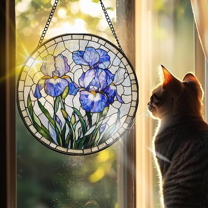 VAIIEYO Purple Flowers Sun Catcher Stained Glass Window Hanging Ornament, Handmade Sun Catcher Flower Decoration with Hooks for Window Garden Home, Housewarming Gift 7.8 inch