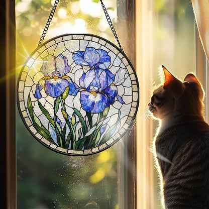 VAIIEYO Purple Flowers Sun Catcher Stained Glass Window Hanging Ornament, Handmade Sun Catcher Flower Decoration with Hooks for Window Garden Home, Housewarming Gift 7.8 inch