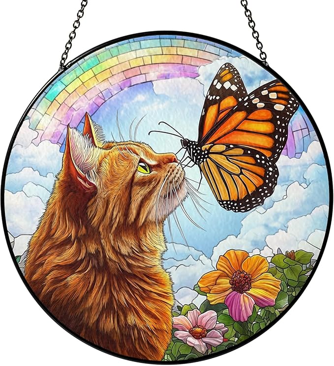 Orange Cat Stained Glass Suncatcher, Butterfly Orange Cat Lovers Gifts Window Hanging Garden Decor, Memorial Pet Loss Sympathy Gift Christmas Birthday for Grandma, Friends, Women