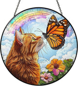 Orange Cat Stained Glass Suncatcher, Butterfly Orange Cat Lovers Gifts Window Hanging Garden Decor, Memorial Pet Loss Sympathy Gift Christmas Birthday for Grandma, Friends, Women