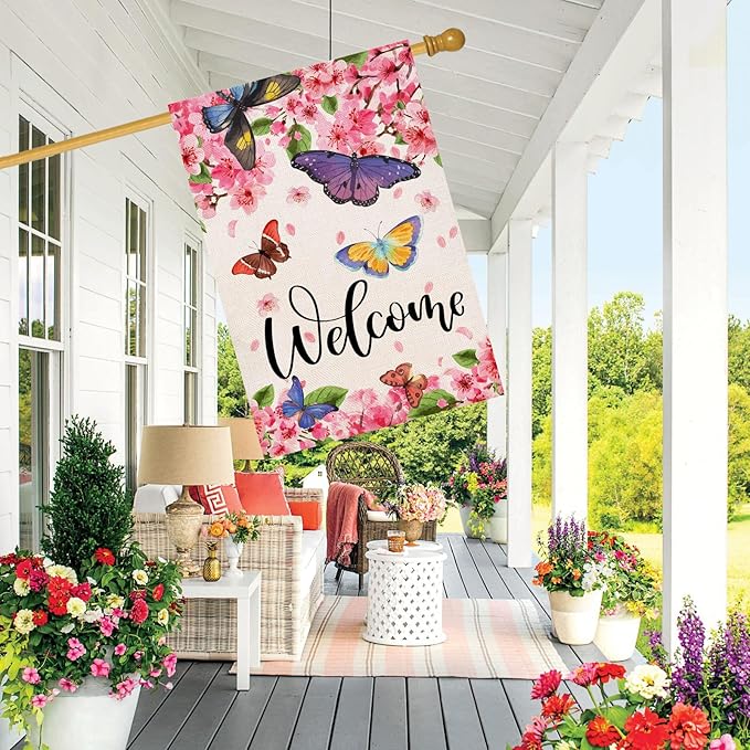 Baccessor Spring Summer House Flag Butterfly Flowers Cherry Blossom Yard Welcome Flag 28 X 40 Inch Double Sided Burlap Large Spring Summer Flag for Outside
