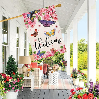Baccessor Spring Summer House Flag Butterfly Flowers Cherry Blossom Yard Welcome Flag 28 X 40 Inch Double Sided Burlap Large Spring Summer Flag for Outside