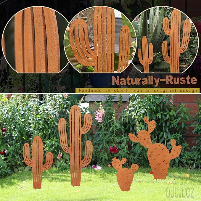 2pcs Metal Cactus Outdoor Decor,Metal Plants Prickly Pear Cactus,Desert Steel Yard Art, Garden Decor、Lawn Decoration