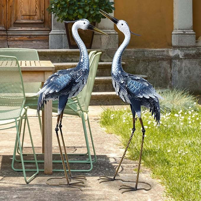 33-35 Inch Blue Heron Garden Statues, Metal Cranes Sculptures Outdoor, Bird Statues Set of 2