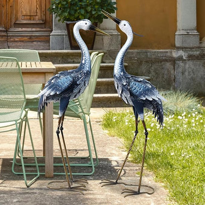 33-35 Inch Blue Heron Garden Statues, Metal Cranes Sculptures Outdoor, Bird Statues Set of 2