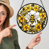 Stained Glass Window Hanging - Yellow Flowers Surrounded by Bees Sun Catcher for Door Garden Home Decor Cute Suncatcher Christmas Mother's Day Birthday Gifts for Women Men Mom Nana 11.8 in