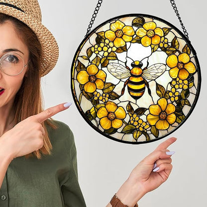 Stained Glass Window Hanging - Yellow Flowers Surrounded by Bees Sun Catcher for Door Garden Home Decor Cute Suncatcher Christmas Mother's Day Birthday Gifts for Women Men Mom Nana 11.8 in