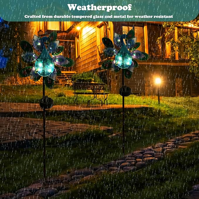 Peacock Wind Spinner Garden Decor, Solar Lighted Pathway Stake Yard Art Spinners, Wind Sculptures Garden Landscape Lights Decorations, Solar Powered Path Lights Kinetic Metal Wind Catcher for Outside