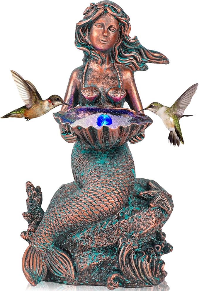 Mermaid Sitting on Rock Statue Decorations Animals Bird Bath Feeder Garden Statue Light Up Figurines Princess Ornament Indoor Outdoor Sculpture Gift for Home Yard Patio Decor