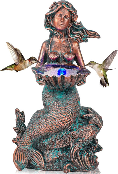 Mermaid Sitting on Rock Statue Decorations Animals Bird Bath Feeder Garden Statue Light Up Figurines Princess Ornament Indoor Outdoor Sculpture Gift for Home Yard Patio Decor