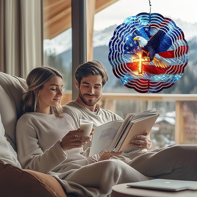 American Flag Eagle Wind Spinner Outdoor, 8 Inch 3D Metal Garden Wind Spinner, Stainless Steel Patriotic Yard Hanging Decor Gift