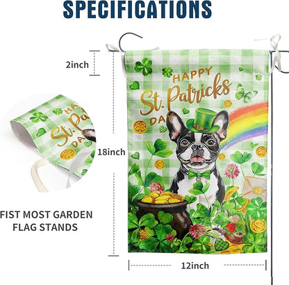 Boston Terrier St Patricks Day Garden Flag Dog St Patrick's Day Yard Flags for Outside 12x18 Double Sided Buffalo Plaid Shamrock Flag Small Outdoor Rainbow St Patrick's Decor