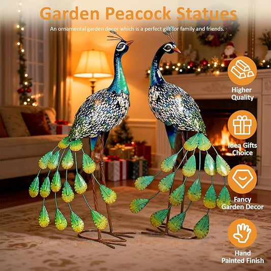 Kircust Solar Metal Peacock Statues - Set of 2 Weatherproof Outdoor Decor with Solar Lights for Garden, Yard, or Patio - Elegant Peacock Gifts