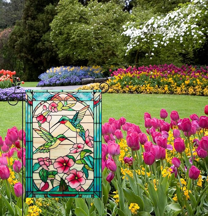 Spring Summer Hummingbird Garden Flag 12x18 Inch Double Sided, Stained Glass Floral Garden Flag for Outside, Colorful Flower Yard Flag Seasonal Outdoor Farmhouse Decor