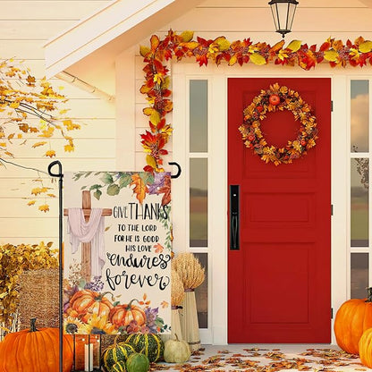 Thanksgiving Garden Flag 12x18 Inch Double Sided Give Thanks to The Lord Cross Yard Garden Flags Burlap Outdoor Fall Pumpkins Flag Holiday Decorations for Outside Home