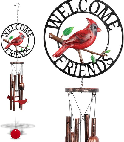 CoTa Global Welcome Friends Red Cardinal Wind Chime - Handmade Metal Hanging Decor, Red Bird Garden Ornament with Copper Tubes, Indoor Outdoor Porch Patio Yard Decoration - 31 Inches