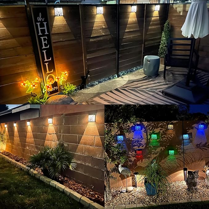 DenicMic Solar Wall Lights Outdoor Wall Sconce Fence Lighting for Patio Front Door Yard Deck Stair Led Forest Decorative Lamps, Waterproof, Warm White Color Changing (4 Pack)