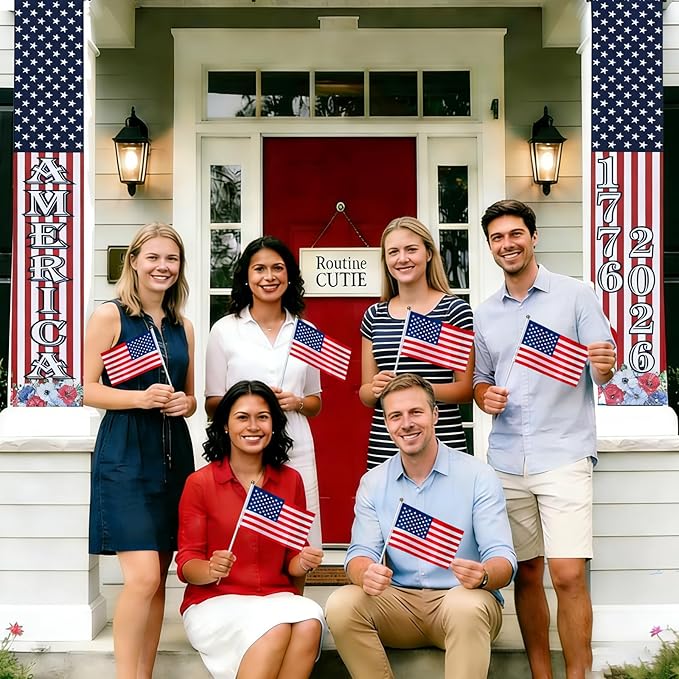 4th of July Decorations Outdoor - 2 Pack 250th Anniversary Patriotic Porch Banners with 6 USA Hand Flags, 1776-2026 Semiquincentennial Hanging Sign Set for Independence Day Party, Balcony Fence Garden Wall Decor