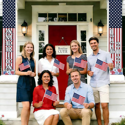 4th of July Decorations Outdoor - 2 Pack 250th Anniversary Patriotic Porch Banners with 6 USA Hand Flags, 1776-2026 Semiquincentennial Hanging Sign Set for Independence Day Party, Balcony Fence Garden Wall Decor