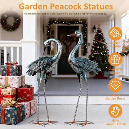 Kircust Garden Crane Statue for Outdoor, Blue Heron Decoy Garden Sculptures and Statues, Metal Bird Yard Art for Lawn Patio Decor, Set of 2