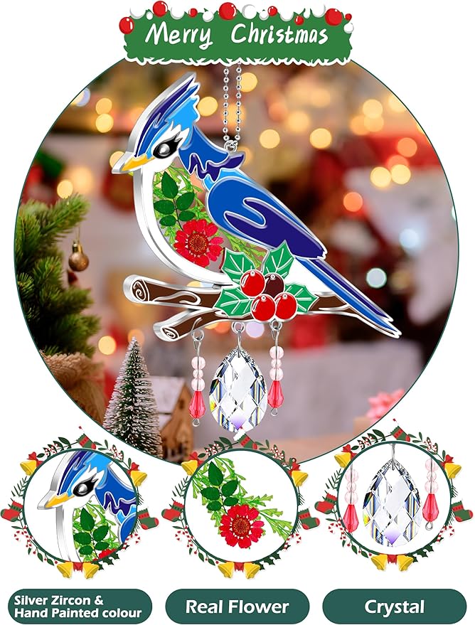 KY&BOSAM Blue Bird Crystal Suncatcher for Windows 8" Hanging Ornaments Stained Glass Wind Chimes with Metal Charms, Colorful Rainbow Prisms Garden Decor for Mom/Grandma, Christmas Wedding Gifts