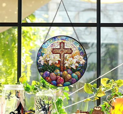 Easter Stained Glass Window Hanging,Suncatcher Cross with Lilies Christian Window Hanging Decor Colorful Religious Glass Ornament for Home, Church, Spring Easter Gifts 7.8 in