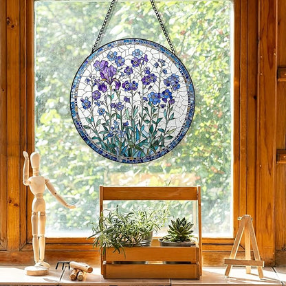Stained Glass Window Hanging, Spring Forget Me Not Lavener Flower Suncatcher for Window Doors Garden Home Decoration, Purple Floral Botanical Glass Ornaments for Women,Wife, Lovers, and Mom 7.8×7.8 in