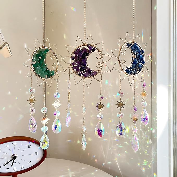 Sun & Crescent Crystal Suncatcher, Crystal Hanging Prism, Rainbow Makers, Housewarming Gift, Garden Decoration, Window Ornament (Blue)