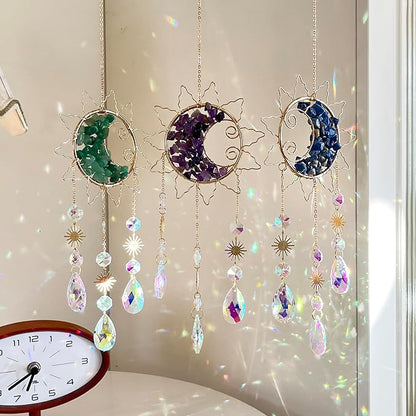 Sun & Crescent Crystal Suncatcher, Crystal Hanging Prism, Rainbow Makers, Housewarming Gift, Garden Decoration, Window Ornament (Blue)