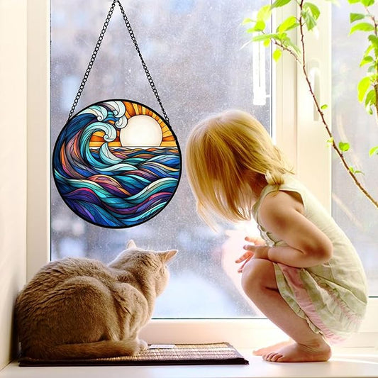 DASTOLL Stained Glass Window Hanging, Big Wave Sun Suncatcher Diamond Glass Panel Hangings Abstract Sun Catchers Decor for Birthday for Women, Men, Wife, Aunt,and Mom 6.3X6.3IN