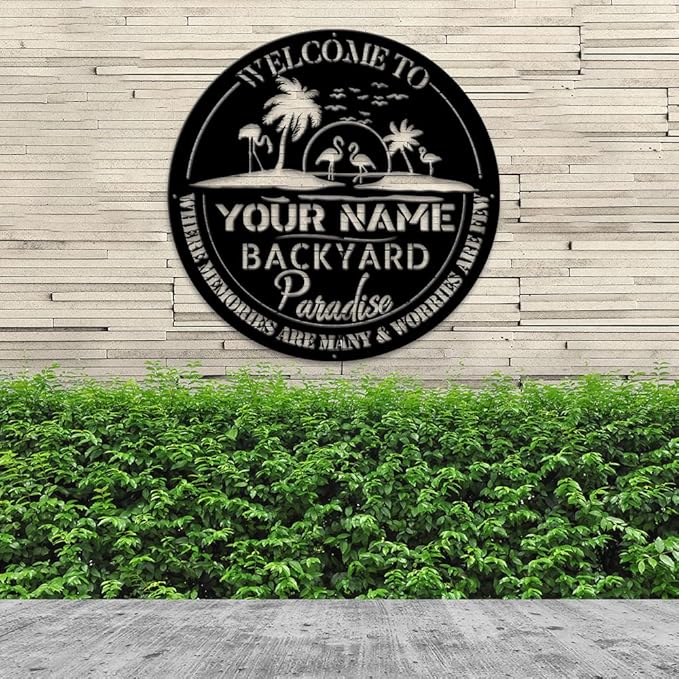 MeMate Backyard Sign Outdoor Decor, Personalized Metal Sign for Backyard, Patio, Custom Name Signs for Garden Porch, Deck, Large Metal Sign