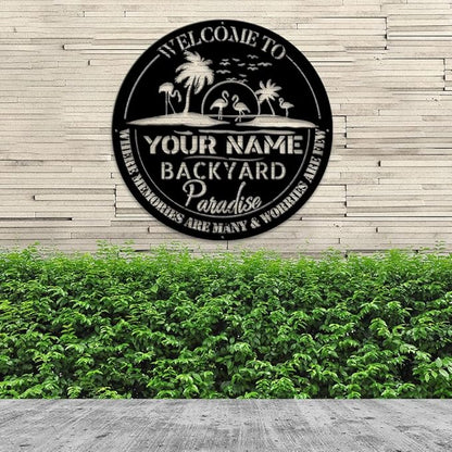 MeMate Backyard Sign Outdoor Decor, Personalized Metal Sign for Backyard, Patio, Custom Name Signs for Garden Porch, Deck, Large Metal Sign