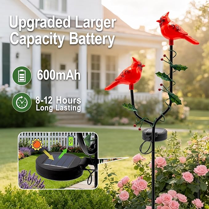 Cardinal Solar Garden Stake Lights Outdoor Decor, Red Cardinal Solar Lights for Outside,Christmas Grave Decorations for Patio Yard Porch Pathway Lawn Ornaments, Memorial Gifts for Women