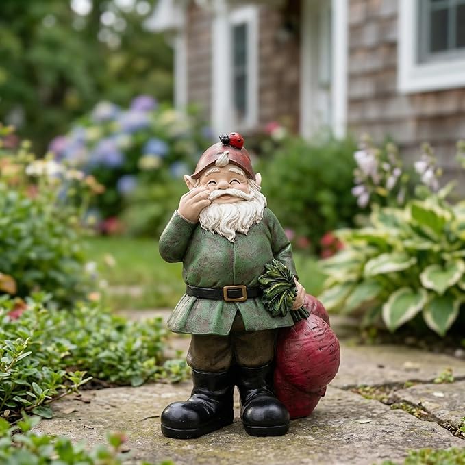 Topadorn Gnomes Figurine Resin Sculpture Garden Gnome Drag a Brunch of Radishes Statue with a Ladybug for Indoor Outdoor Decor, Radish Harvest 10 Inch, Weatherproof Garden Gnome Yard Statue Decor
