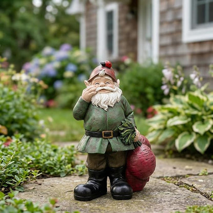 Topadorn Gnomes Figurine Resin Sculpture Garden Gnome Drag a Brunch of Radishes Statue with a Ladybug for Indoor Outdoor Decor, Radish Harvest 10 Inch, Weatherproof Garden Gnome Yard Statue Decor