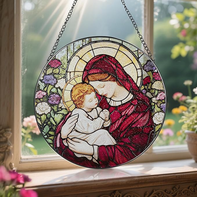 8 Inches Virgin Mary Stained Glass Suncatcher, Stained Glass Window Hanging, Christian Window Decor, Religious Christmas Ornament, Christian Gift, Religious Gift, Gifts for Christmas