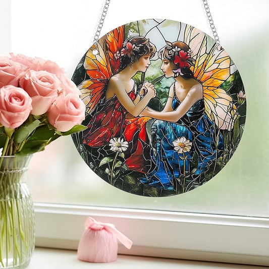 Butterfly Girl Fairy Suncatcher Acrylic Flower Fairy Window Hanging Stained Sun Catchers Indoor Window Decor with Chain Home Garden Decoration 7.8 inch YKA188 (B)