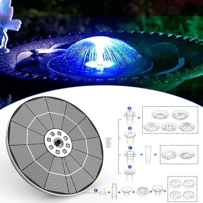AISITIN 6.5W Solar Fountain for Bird Bath with 3000mAh Battery & Color Changing LED Light, 3 Anti-Drift Fixed Bracket & 8 Nozzles, Solar Water Fountain for Bird Bath, Garden, Pond, Patio, Courtyard