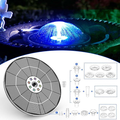 AISITIN 6.5W Solar Fountain for Bird Bath with 3000mAh Battery & Color Changing LED Light, 3 Anti-Drift Fixed Bracket & 8 Nozzles, Solar Water Fountain for Bird Bath, Garden, Pond, Patio, Courtyard
