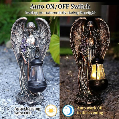 VChymm Solar Angel Outdoor Garden Decor Statues – 13.2 inches Solar Outdoor Sculptures for Outside Yard Art Patio Balcony Front Lawn Ornaments Gifts for Mom Grandma Women（Bronze）