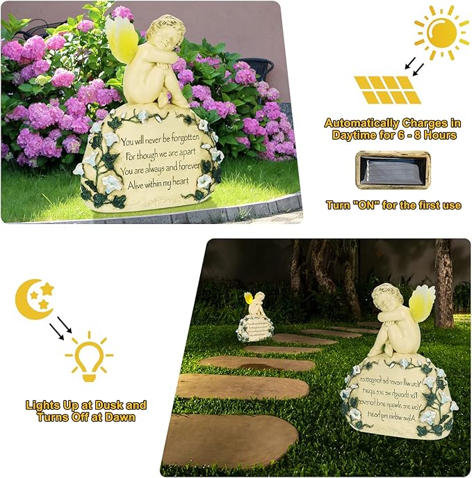 Inyasnowdis Solar Garden Angel Memorial Statue - Bereavement Gifts for Loved Ones & Pets, Hand-Painted Garden Sculpture with Engraved Stone Cemetery Grave Decorations
