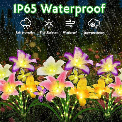 Solar Garden Lights 4 Pack 16 Lily Flowers with Butterfly Decor, for Mom Woman Birthday Solar Flower Lights for Outside - Decorative Lilies for Yard, Patio, Pathway