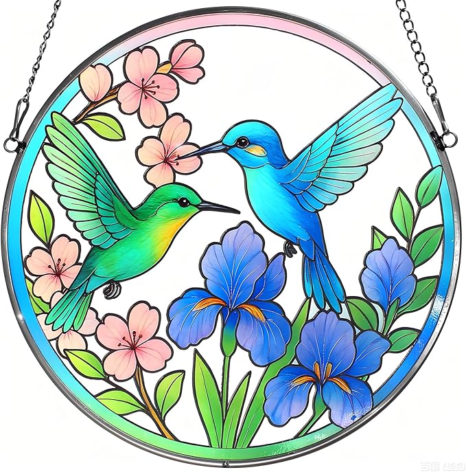 Hummingbird Stained Glass Suncather for Window Hanging, 8.6'' Hummingbird Ornament Gift for Women, Nature-Inspired Wall Art Home Decor Gifts for Mom, Grandma (Green & Blue, 8.6'')