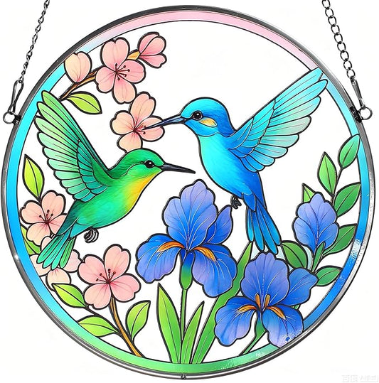 Hummingbird Stained Glass Suncather for Window Hanging, 6.3'' Hummingbird Ornament Gift for Women, Nature-Inspired Wall Art Home Decor Gifts for Mom, Grandma (Green & Blue, 6.3'')