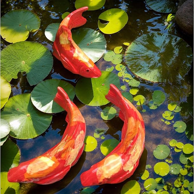 Koi Fish Decor Garden: 3 Pcs Resin Koi Fish Sculpture, Garden Fishes Statue with Stake, for Outdoors, Patio, Yard, Lawn, Pond and Home Decoration (White)