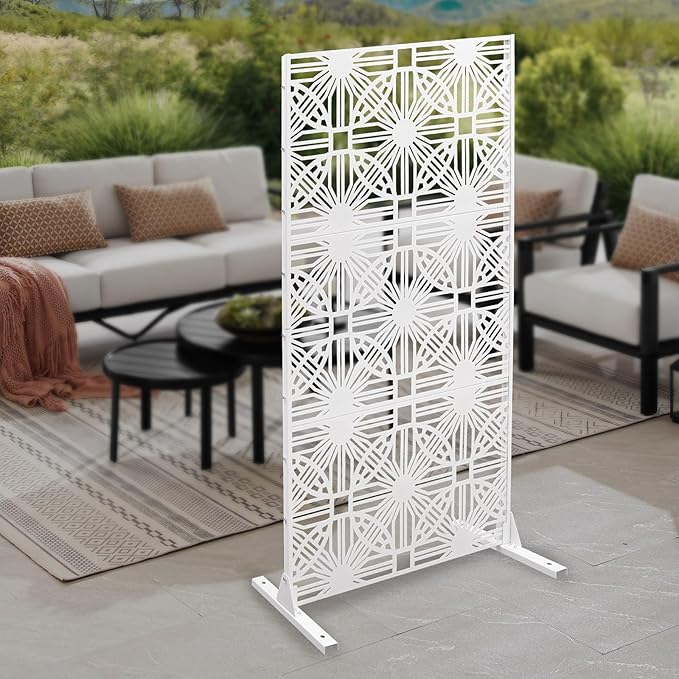 Metal Privacy Screen, 72" H x 36" W Freestanding Privacy Screens, Patio Decorative Metal Fence Panels with Stand, Portable Divider Screens, for Backyard/Patio/Deck (White-Great Unity, 72''H×36''W)