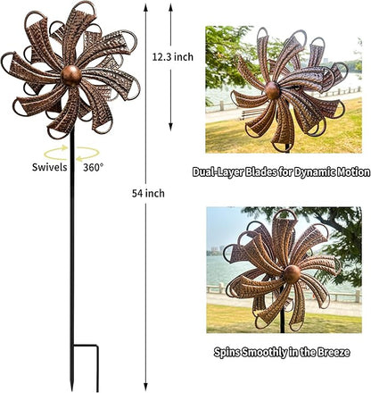 54” Metal Wind Spinner Outdoor Decor, Double Layer 360° Rotating Kinetic Sculpture, Rustproof Weather-Resistant Yard Art for Patio Lawn, Wind Spinners for Yard and Garden (Copper)