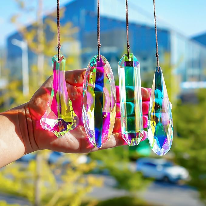 H&D HYALINE & DORA Crystal Suncatcher Hanging Prisms Pendant, Rainbow Chandelier Prisms Window Garden Decor Ornaments, Pack of 4